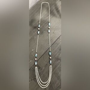 Vintage long white chain with blue long glass floral beads & AB white spacer